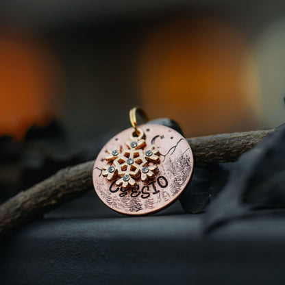 adresówka dla psa Frosty Mountains w kolorze rose gold z zimowym motywem