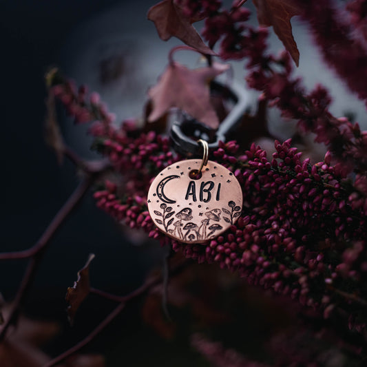 adresówka dla psa Lunar Garden w kolorze rose gold z motywem kwiatów i księżyca
