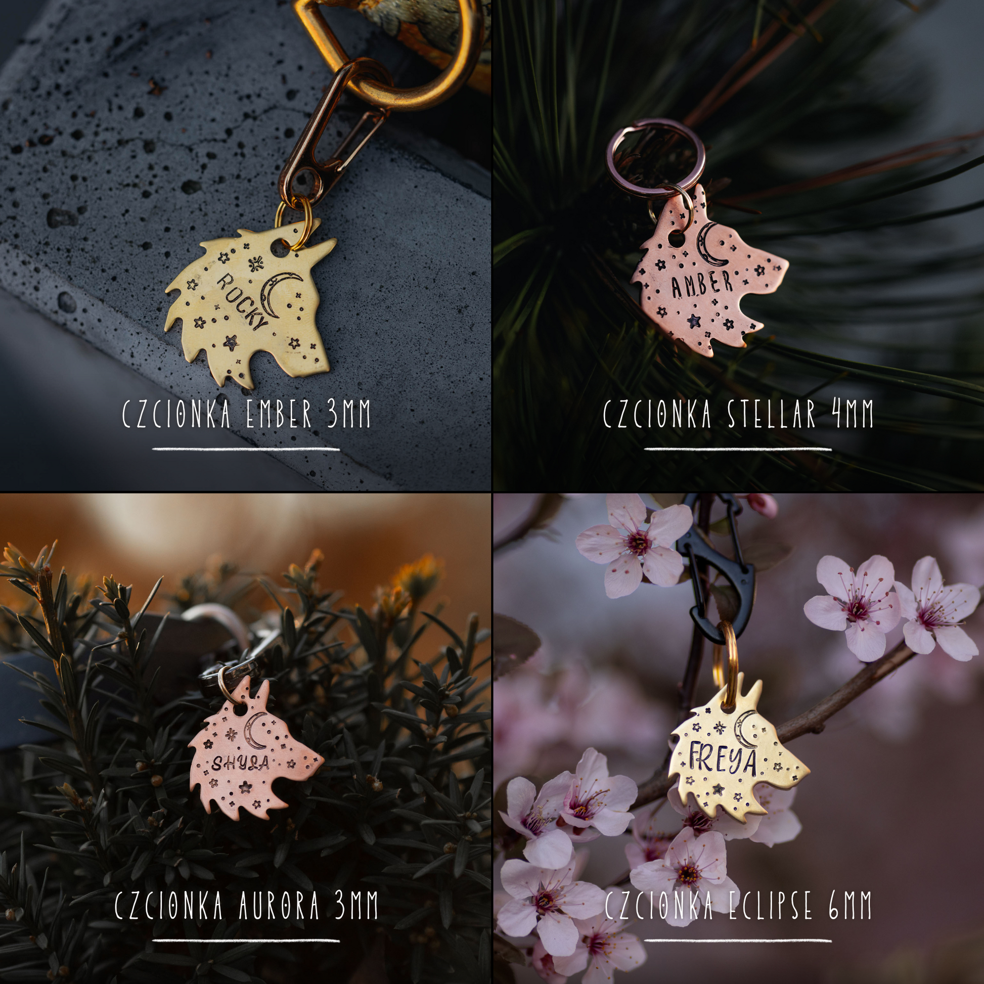 Kolaż prezentujący dostępne czcionki do personalizacji adresówki MIDNIGHT WOLF
